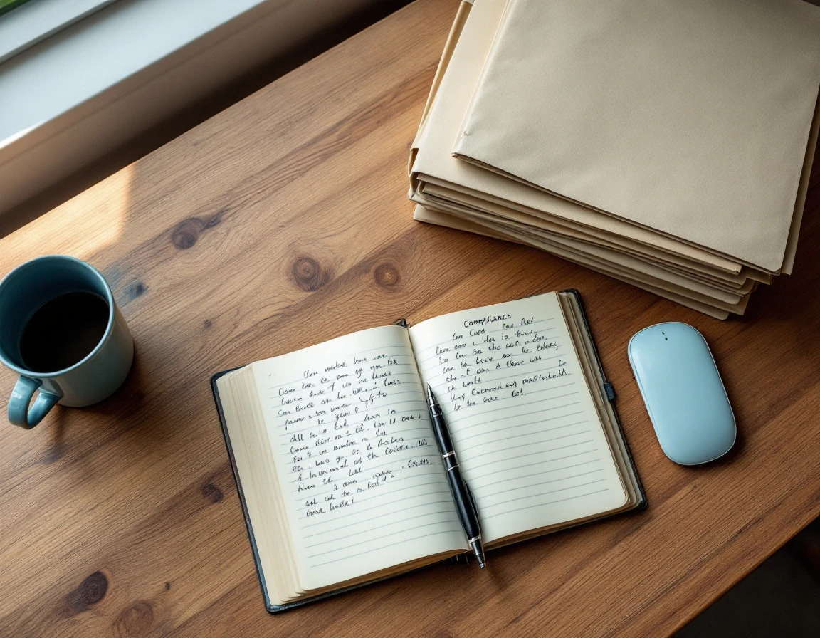 Compliance binders and folders stacked on office desk with notebook and coffee mug