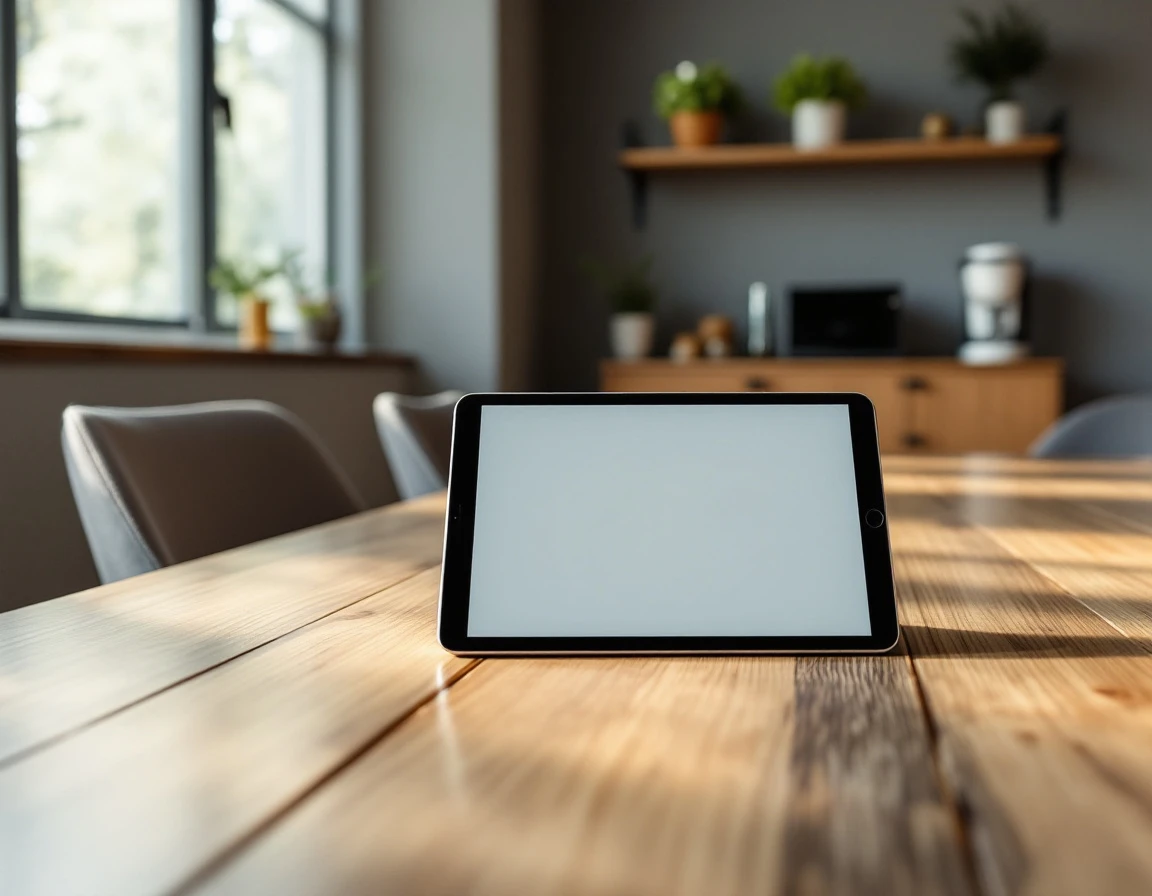 Tablet device on conference table in modern office training workspace with natural lighting