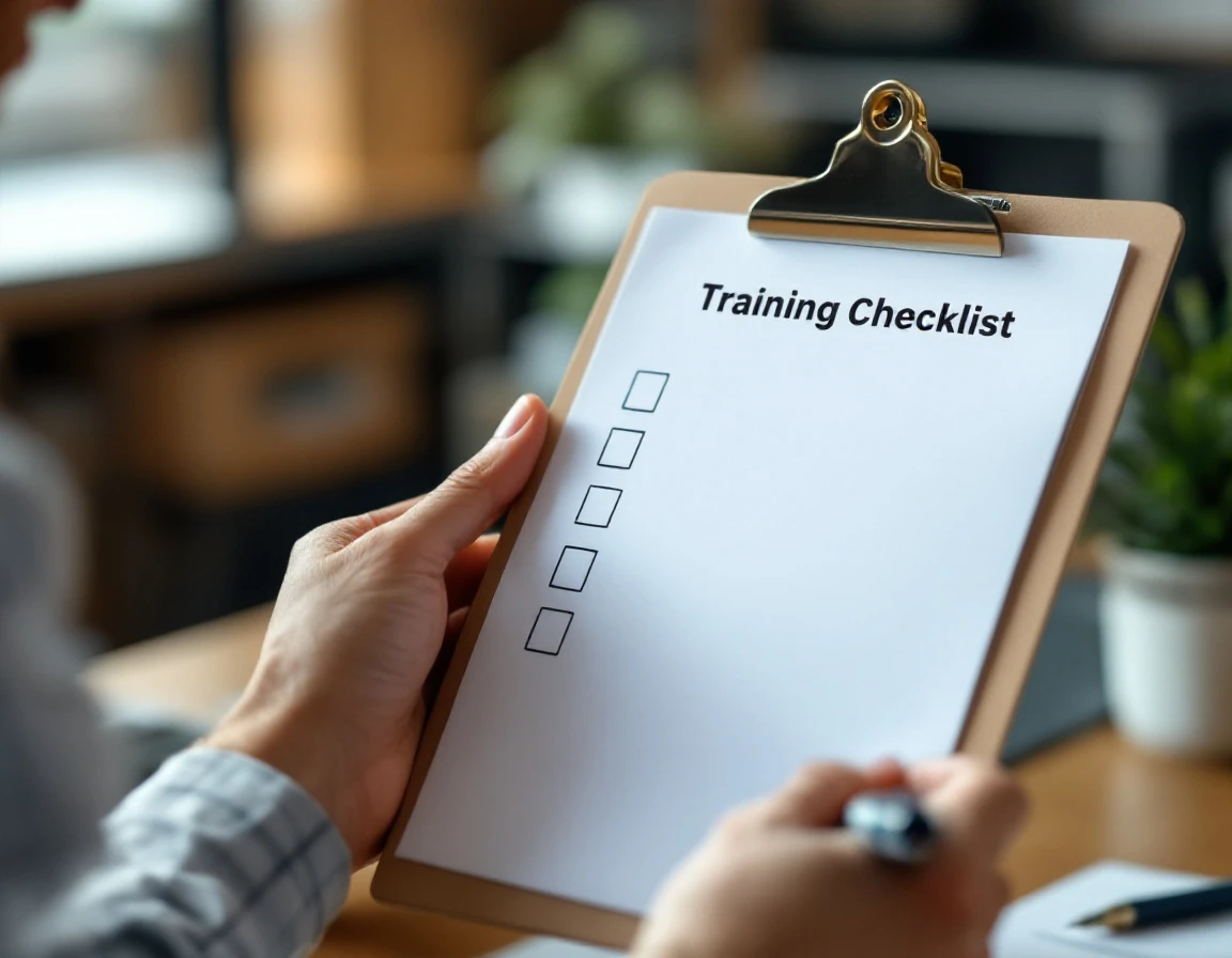 Professional hands reviewing blank training checklist on clipboard during employee onboarding process