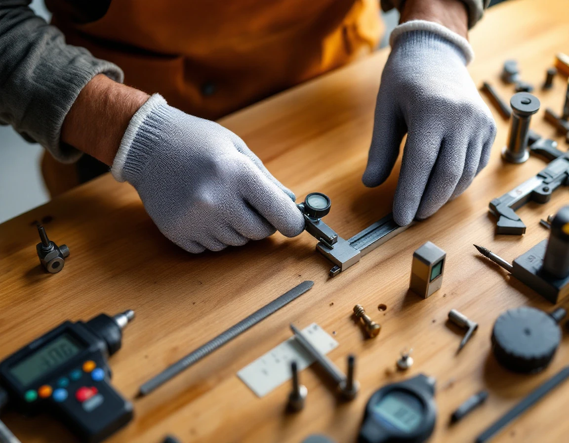 Hands using precision tools and digital calipers on wooden workbench demonstrating skill-based training approach