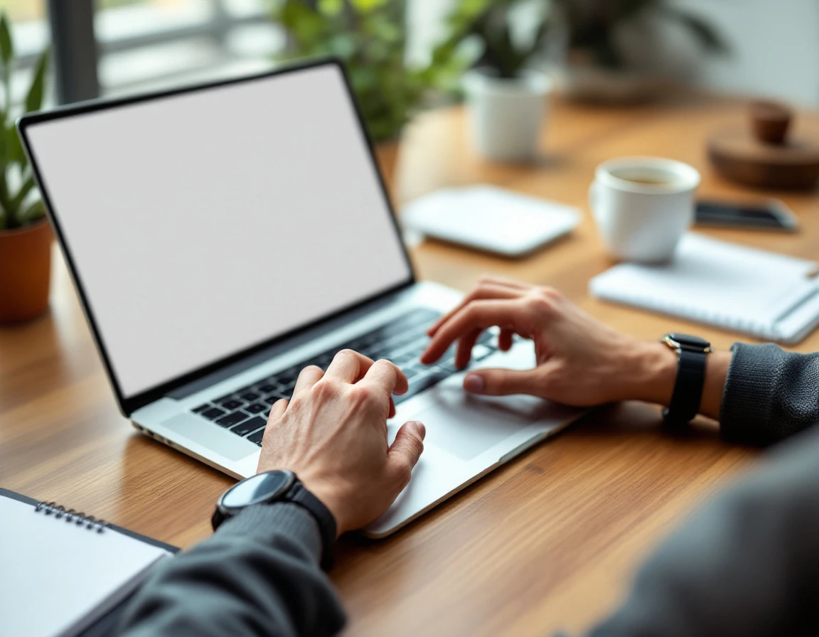 Hands gesturing over laptop and notepad during workplace training session on wooden desk