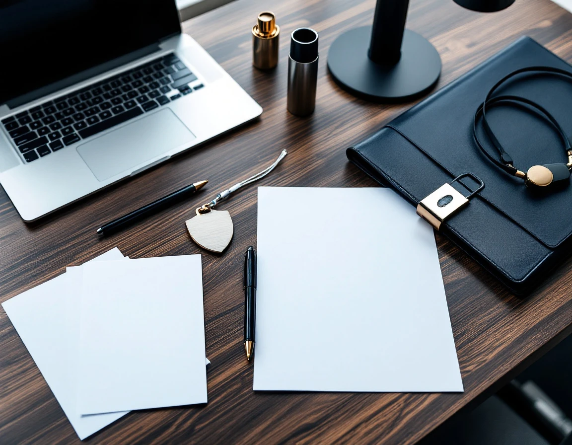 Office desk with security badge, locked portfolio, and compliance materials for AI governance training