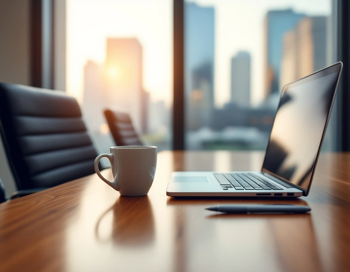Wooden conference table with closed laptop and minimalist workspace in modern corporate office setting