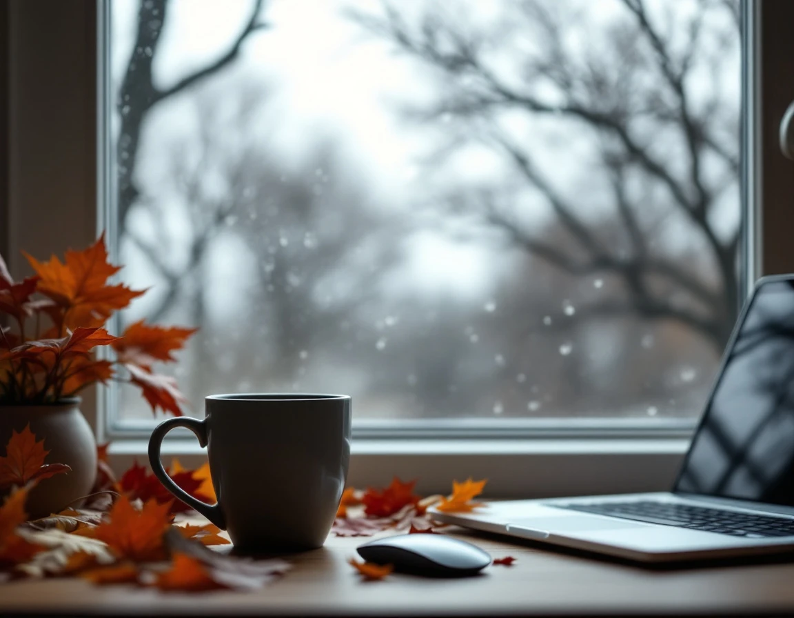 Autumn leaves and coffee mug on desk beside laptop with rain-streaked window showing bare branches outside