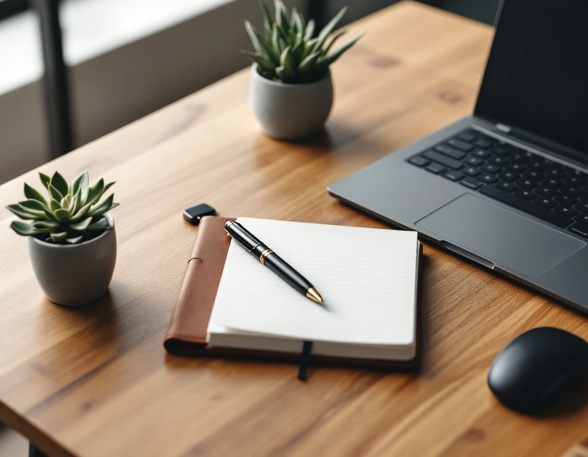 Office desk with laptop, notebook, security badge, and succulent plant in corporate workspace setting