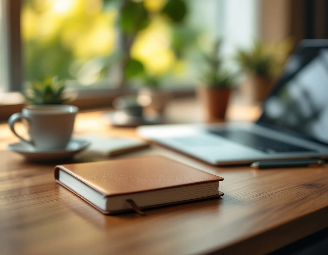 Closed journal and coffee on wooden desk with soft natural lighting suggesting focused learning environment