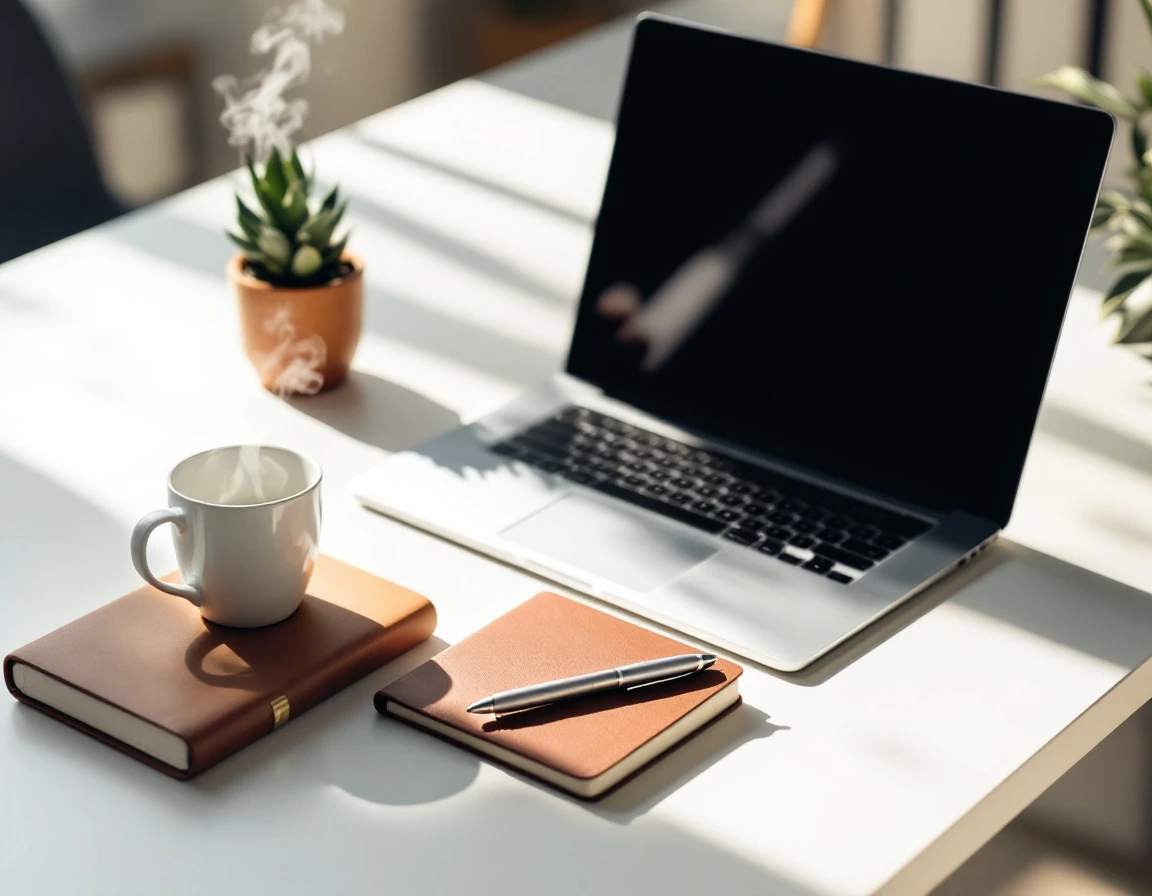 Minimalist desk workspace with closed laptop, coffee, notebook, and succulent plant in natural afternoon light