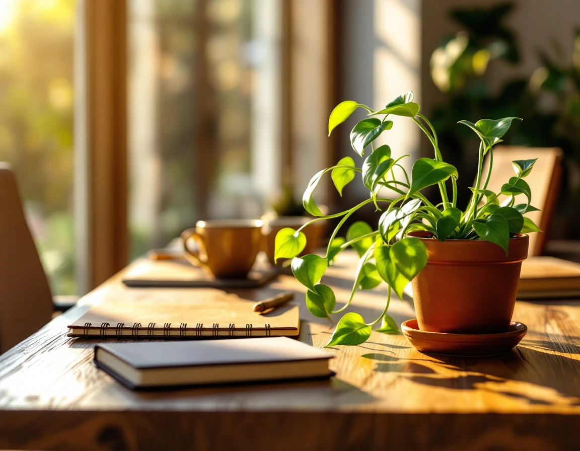 Wooden desk with notebooks and plant in natural afternoon light, representing collaborative learning workspace