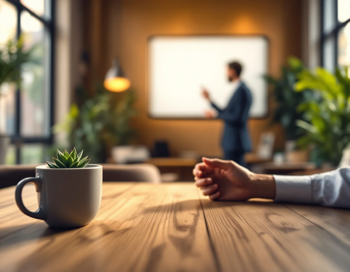 Professional gesturing toward blank whiteboard during training session with coffee and office plants nearby