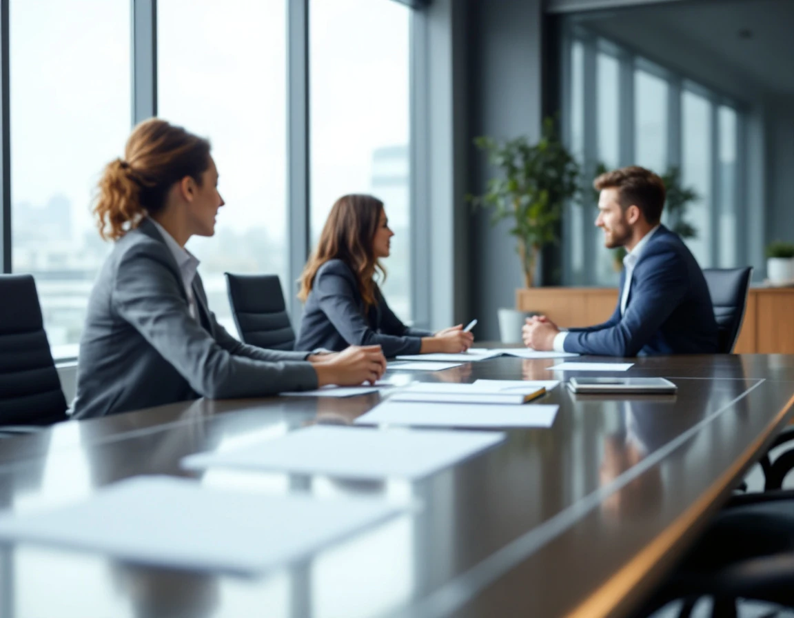 Corporate training meeting in modern boardroom with professionals reviewing compliance materials