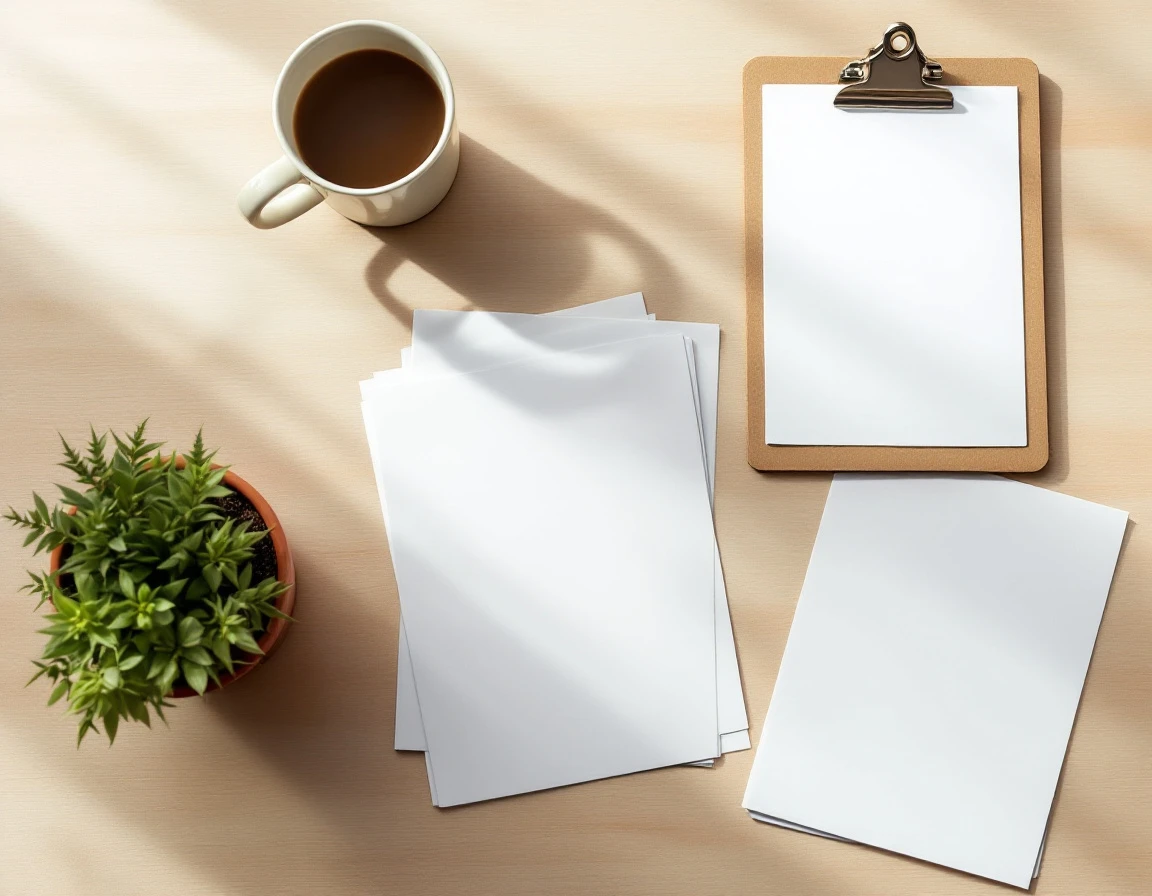Overhead view of organized desk workspace with blank notebooks, clipboard, coffee cup, and succulent plant