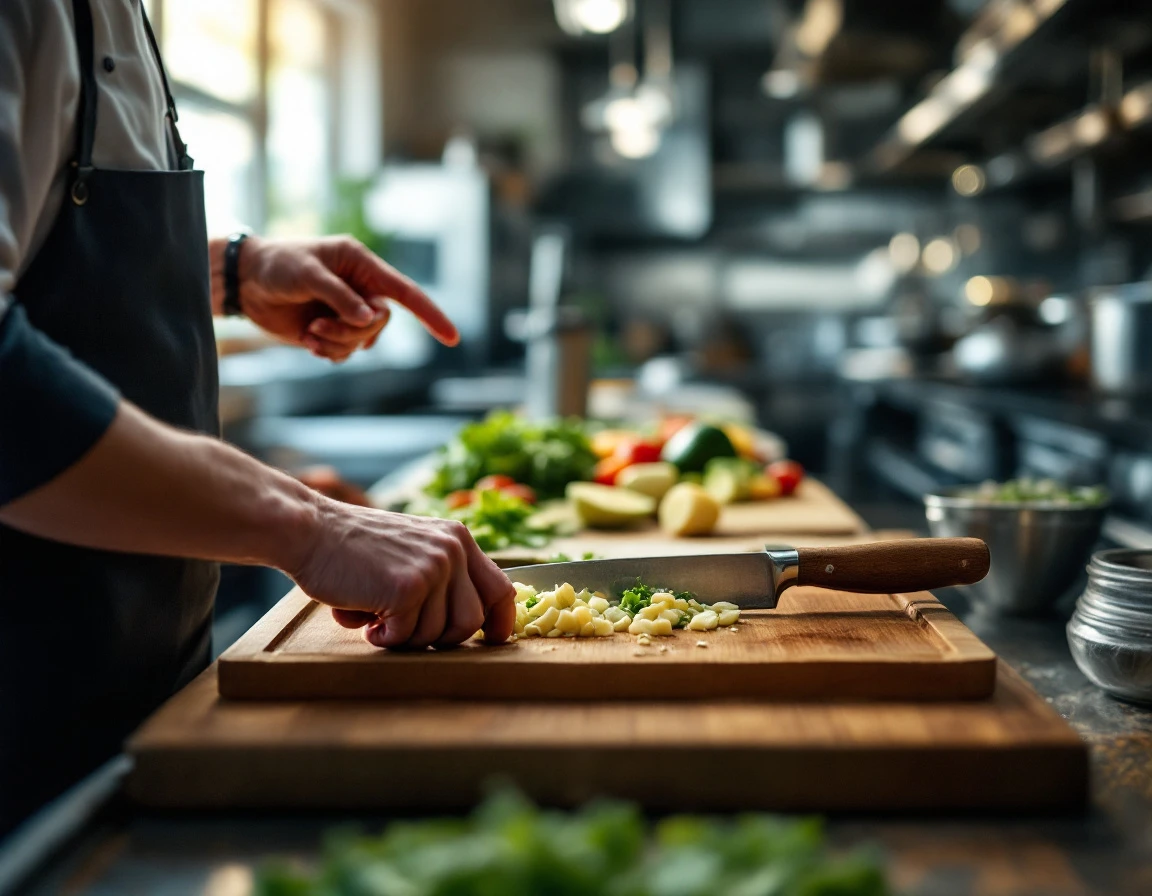 Hands demonstrating proper knife technique during kitchen training session with fresh vegetables on cutting board