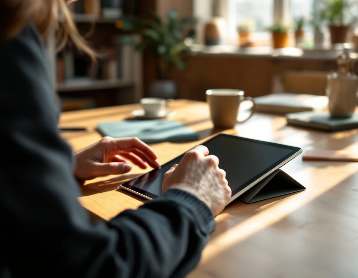 Workspace with tablet and coffee mug showing professional training environment for new hires