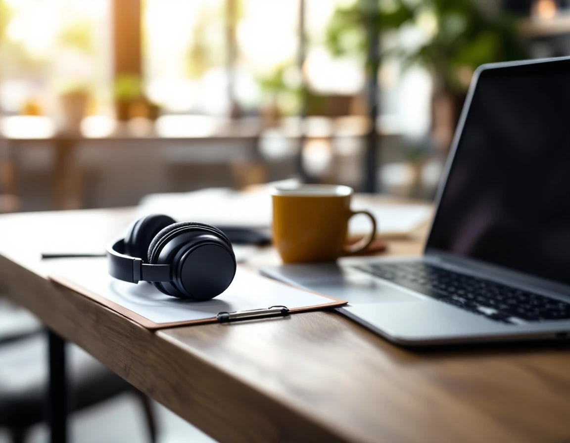 Wooden desk with headphones, blank clipboard, and laptop in modern training office workspace