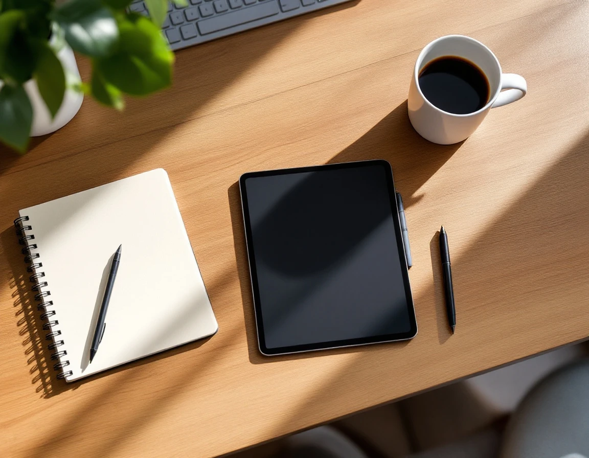 Professional workspace with tablet, notebook, and coffee mug showing personalized training environment