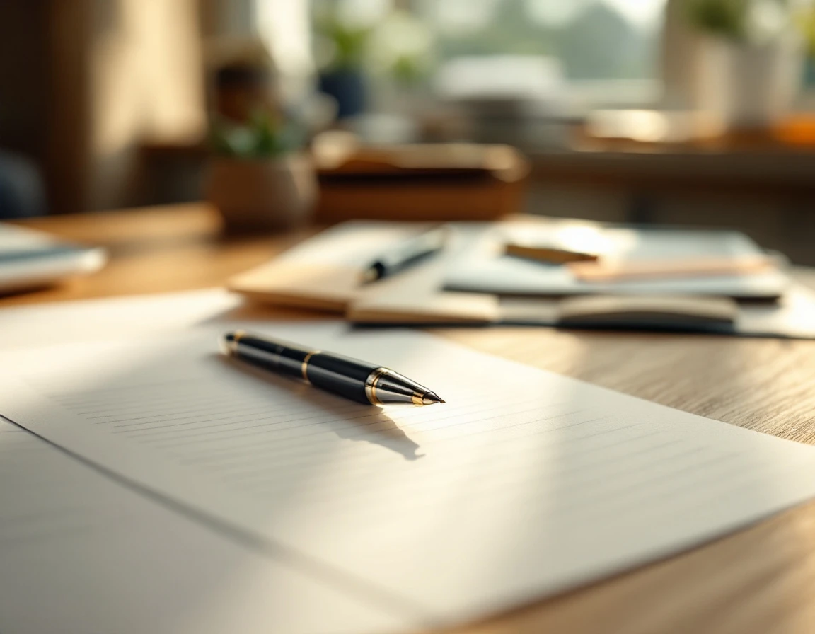 Pen on desk with training materials in soft focus under natural office lighting