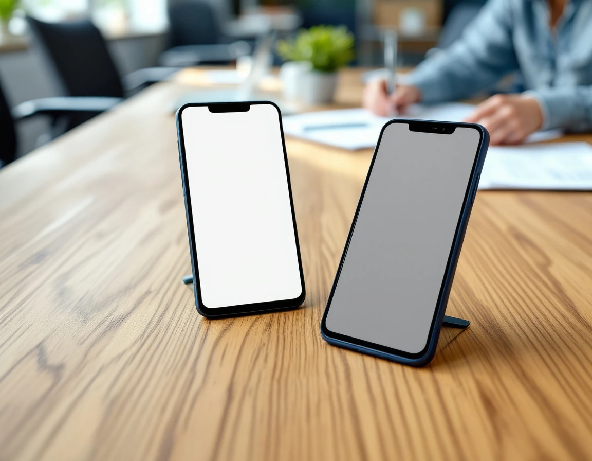 Two smartphones on wooden office table in modern workplace training environment