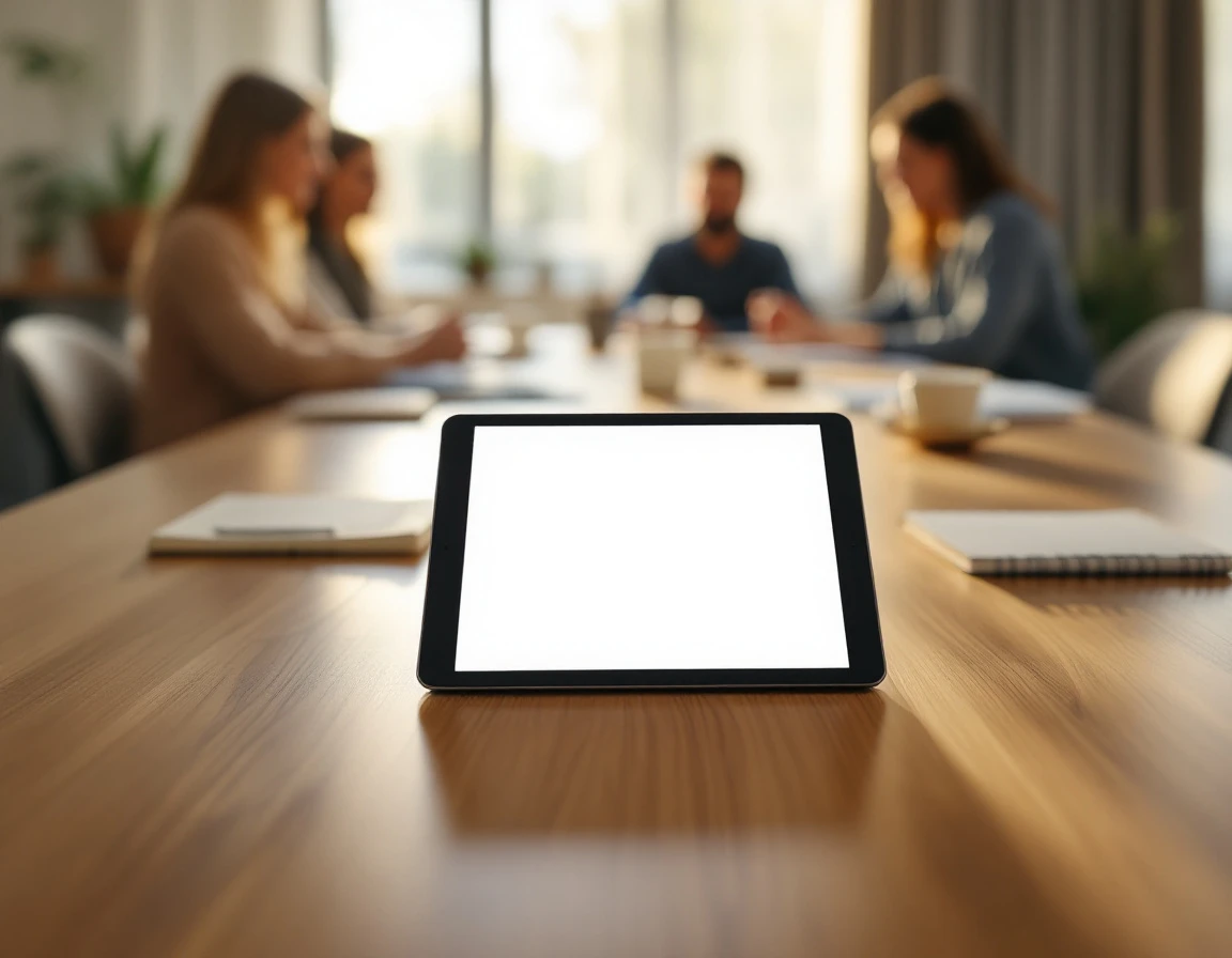 Training room table with tablet and materials during workplace learning session