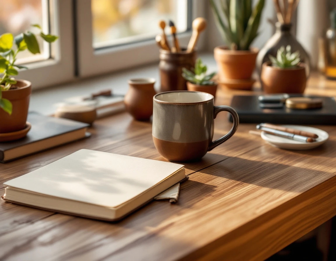 Organized wooden desk workspace with coffee, notebooks, and plants in natural morning light