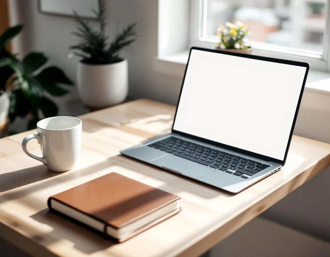 Laptop and coffee cup on wooden desk with closed planner in natural morning light