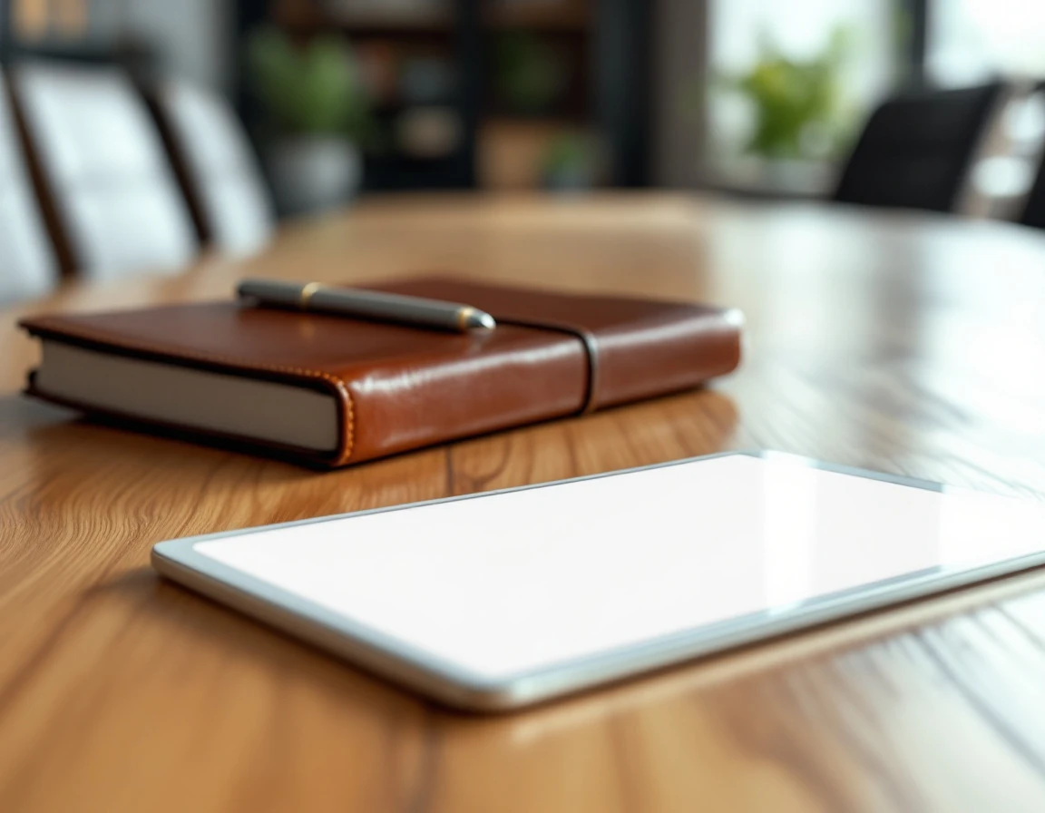 Blank tablet and training materials on conference table prepared for compliance training session