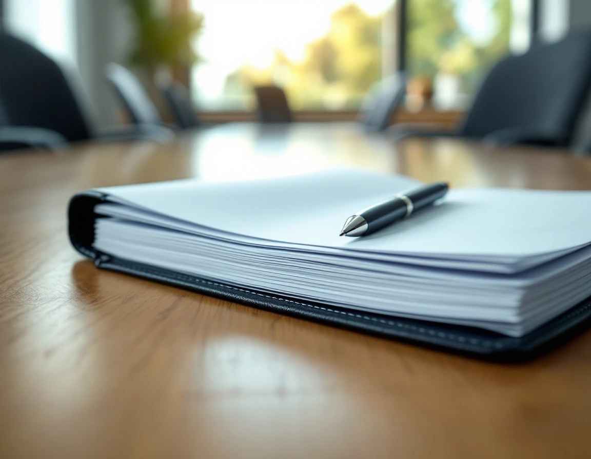 Training materials and compliance binder on conference table in professional workplace setting