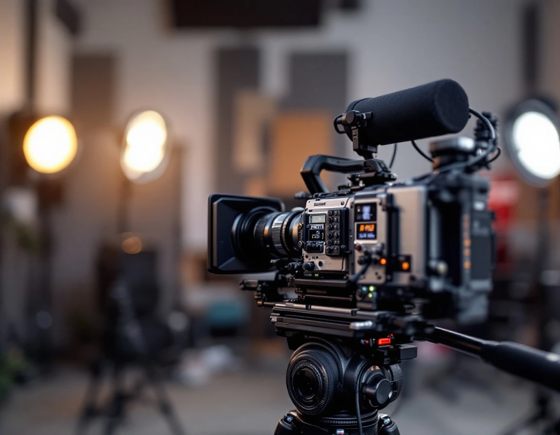 Professional cinema camera and studio lighting equipment in training production environment
