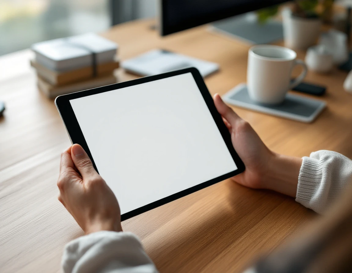 Hands holding tablet with blank screen on wooden desk beside coffee cup in professional training workspace