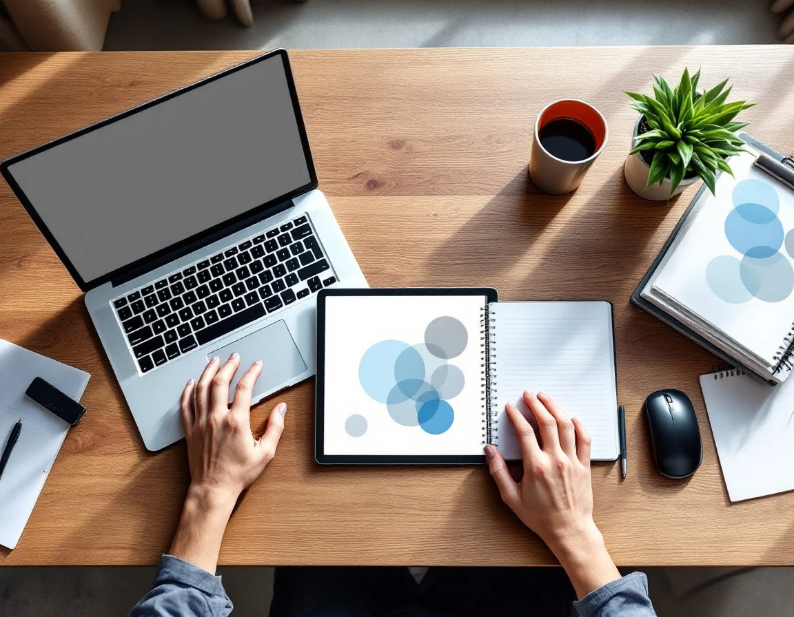 Training workspace with laptop, tablet, and notebook representing different content delivery formats