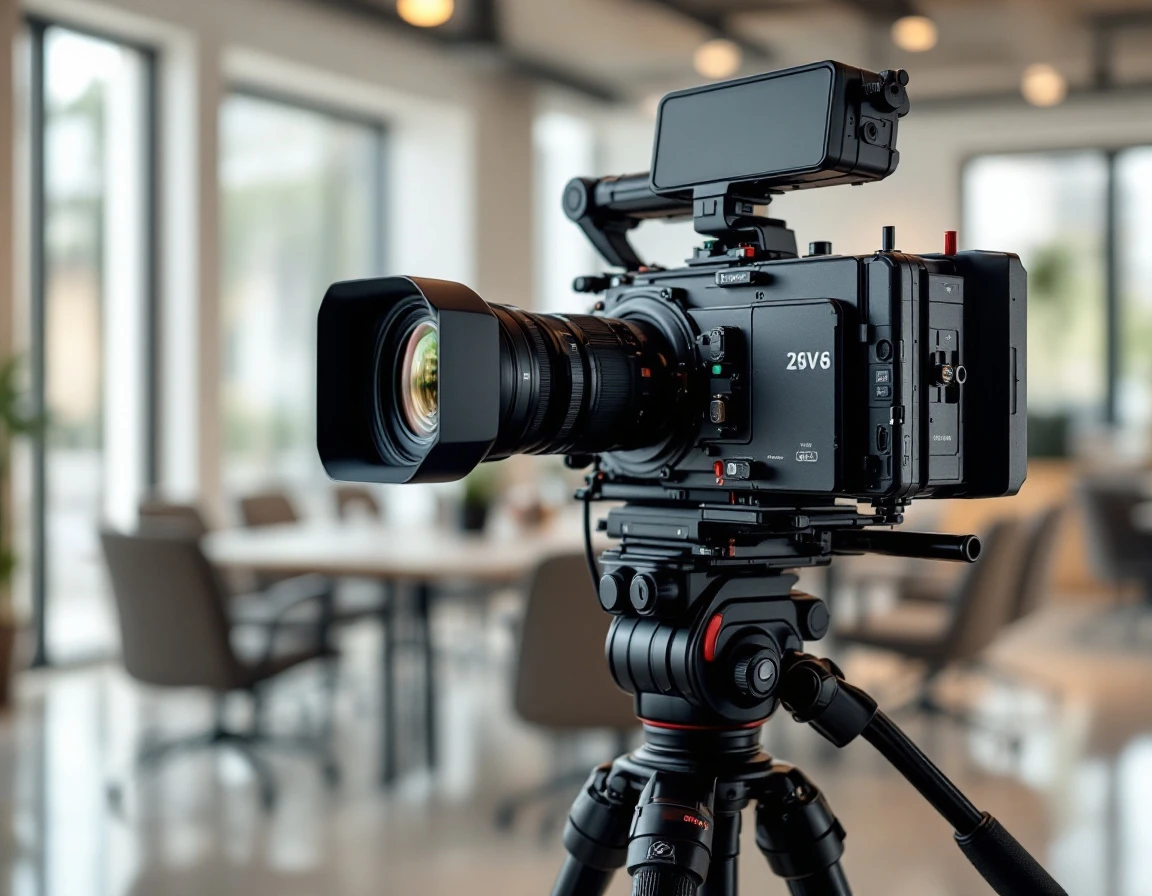 Professional cinema camera on tripod in corporate training room with natural lighting