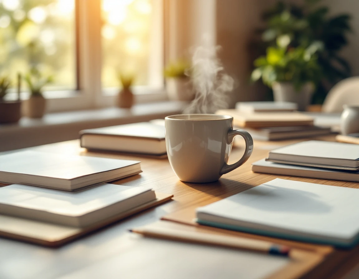 Clean workspace with closed workbooks, pencils, and coffee mug on wooden desk in natural window light