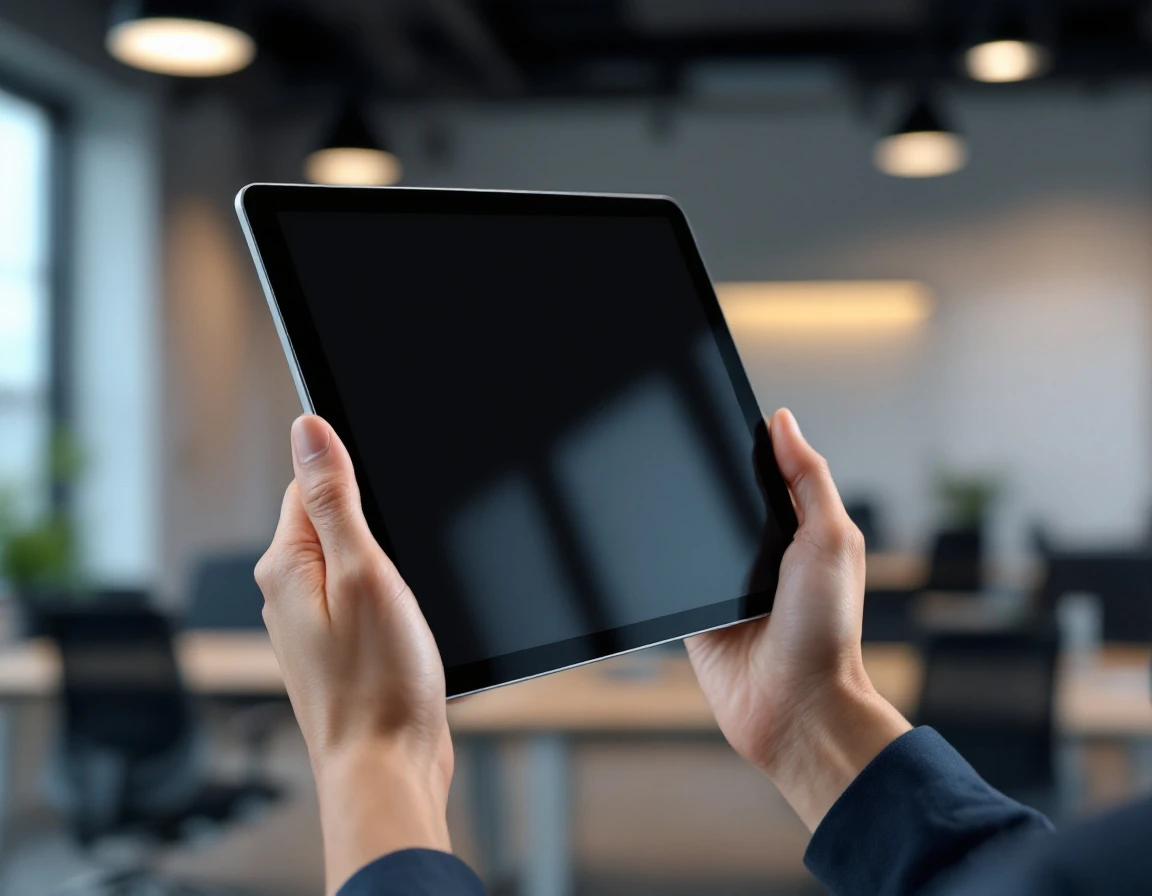 Professional hands holding tablet device in modern office training environment with blank screen