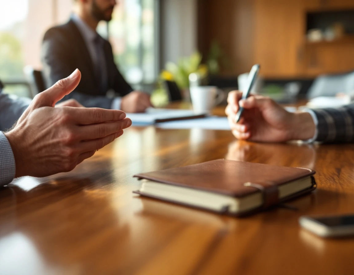 Hands around conference table during workplace training meeting with notebook