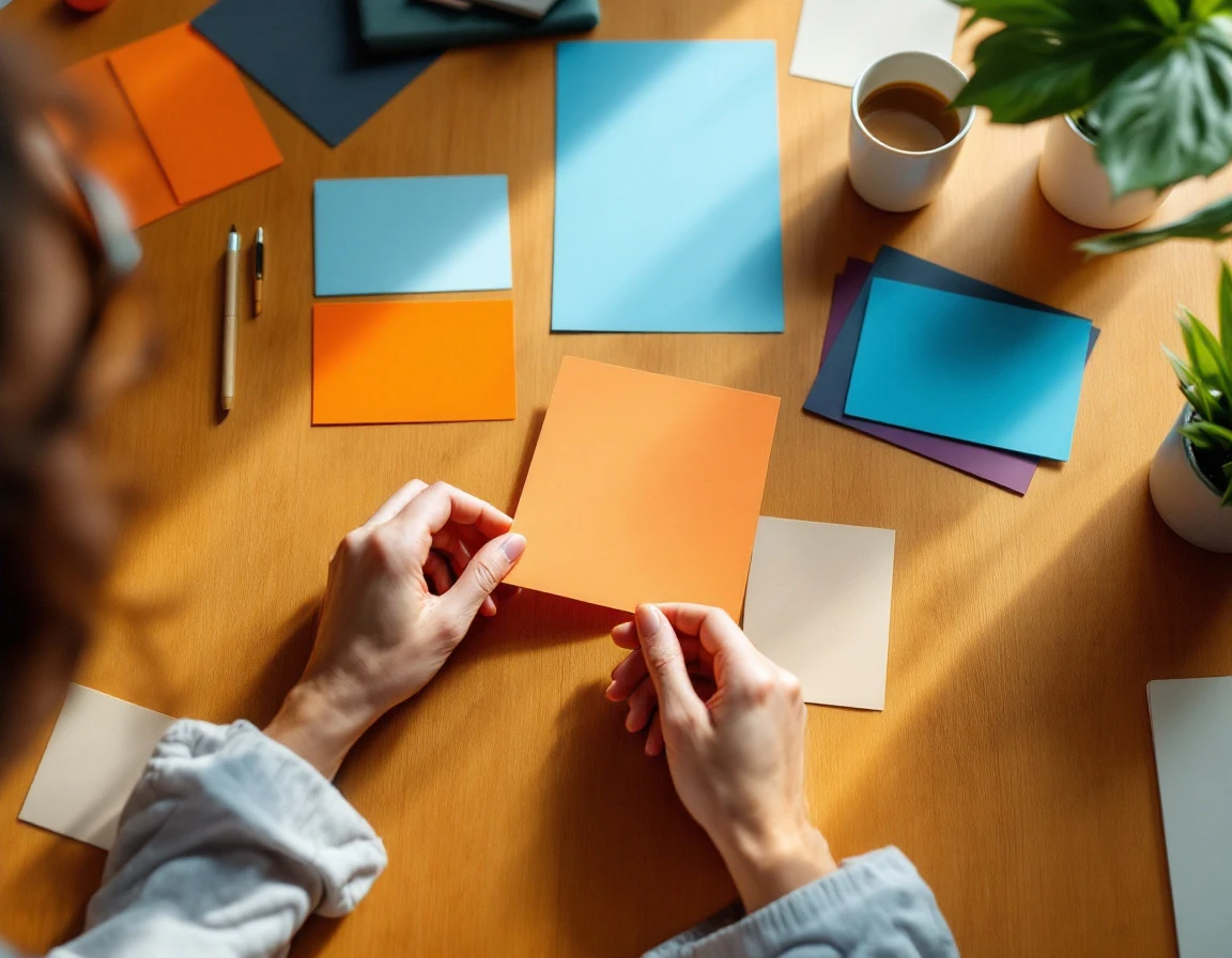 Hands arranging blank training materials and colored mockups on wooden desk with coffee cup