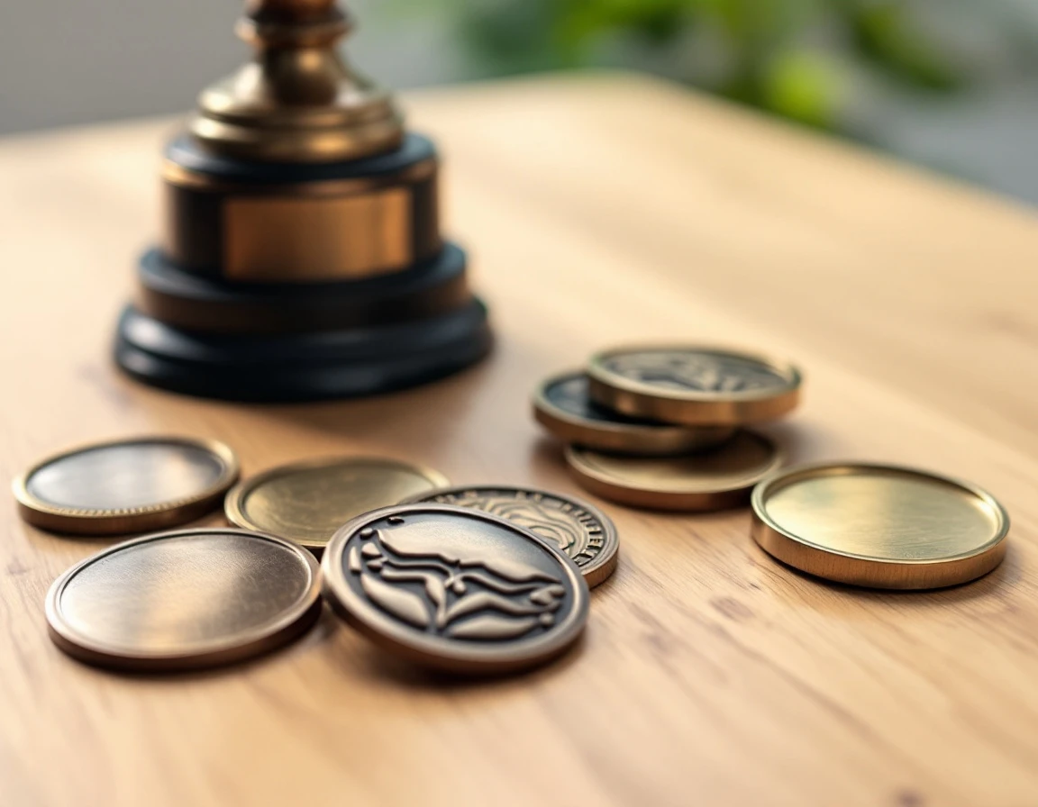 Bronze trophy and metal achievement medals arranged on wooden desk with natural lighting