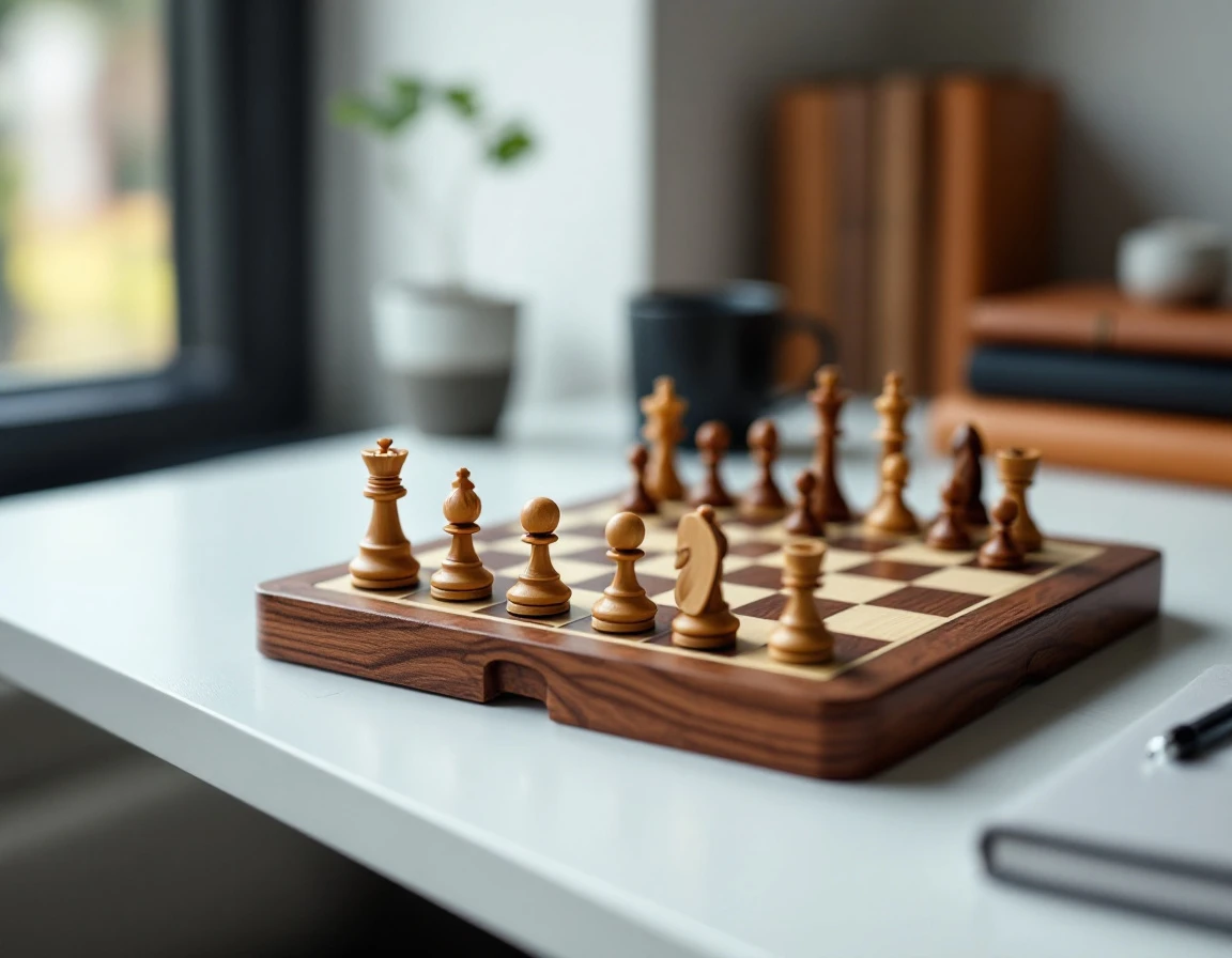 Chess board in mid-game on desk with professional workspace elements in background