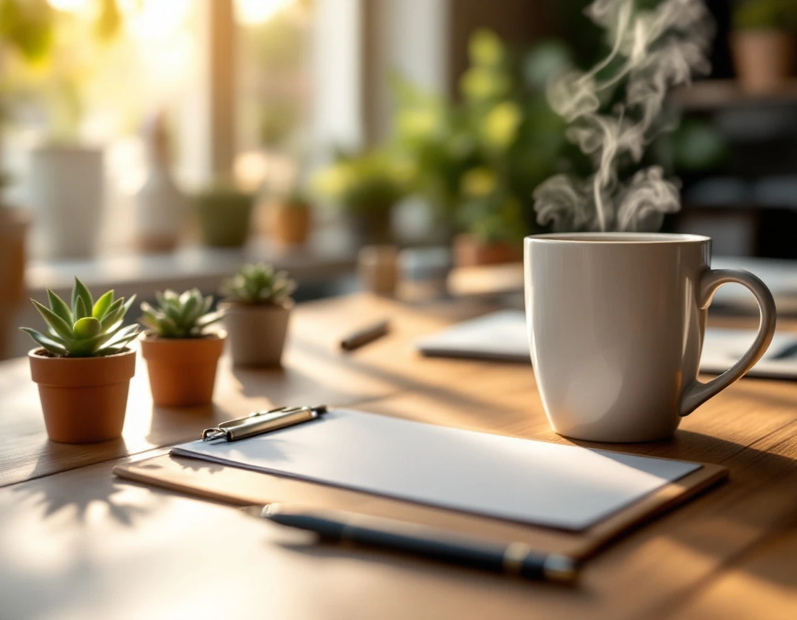Professional workspace with blank clipboard, coffee, and plants in warm natural lighting