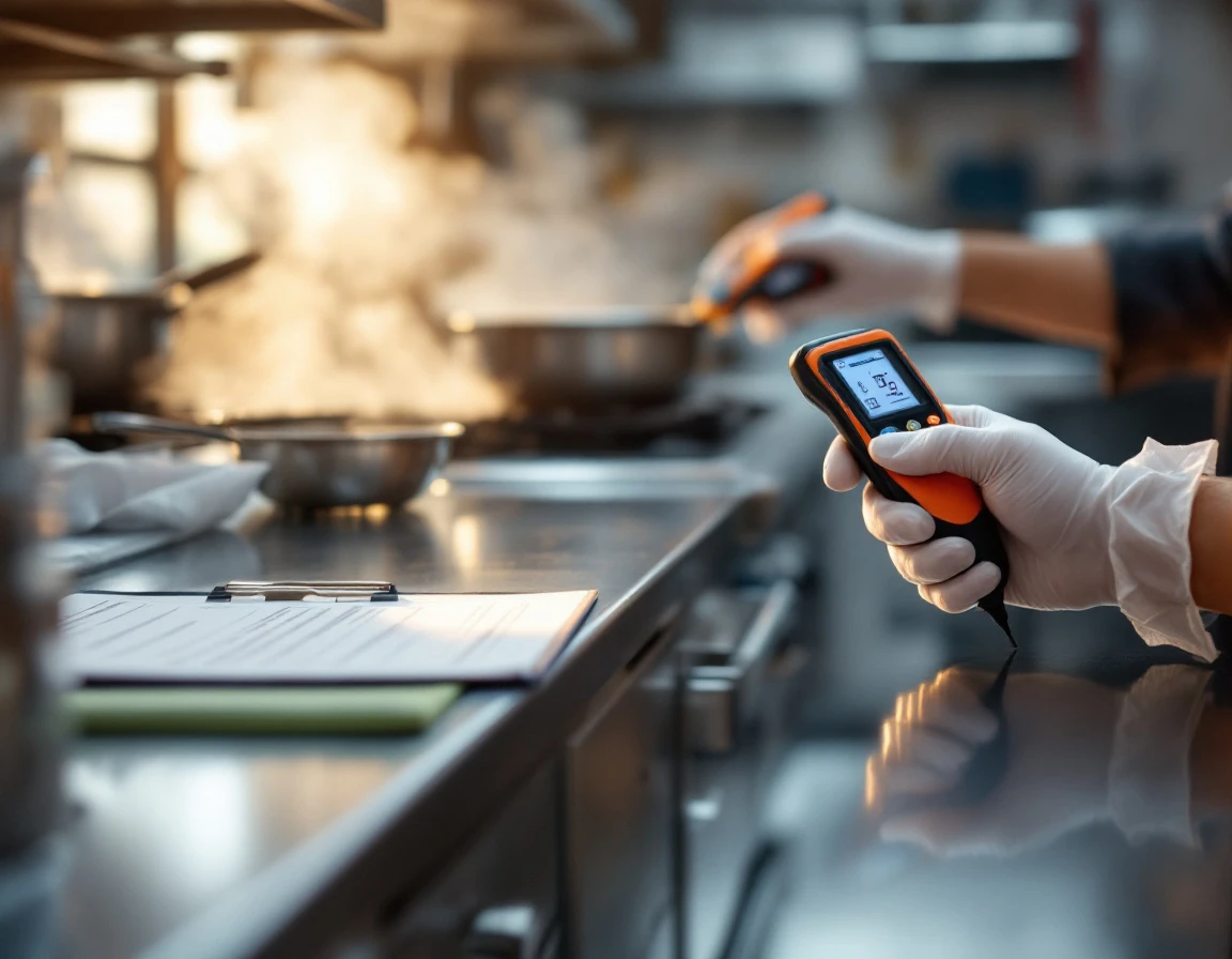 Hands-on food safety training with temperature probe and compliance checklist in professional kitchen