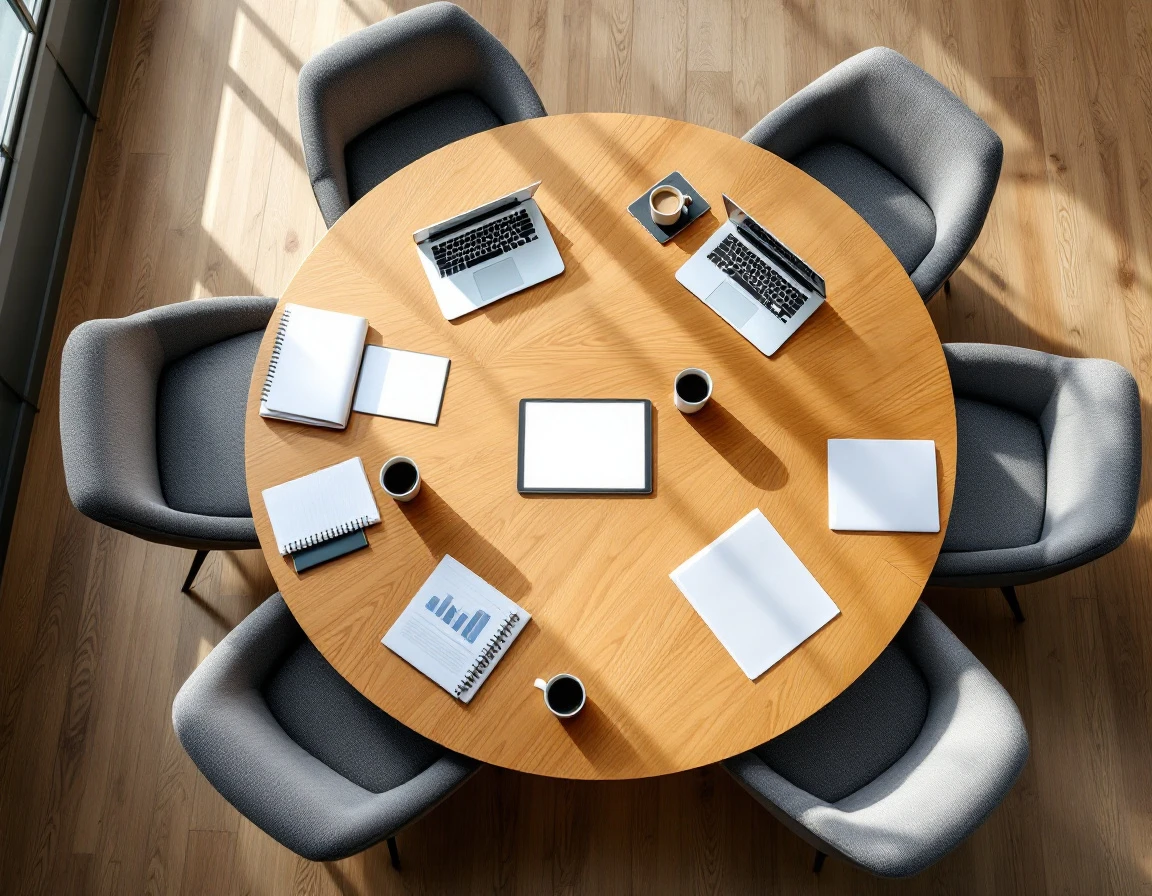 Round table training setup with blank notebooks, coffee mugs, and laptops in collaborative workspace