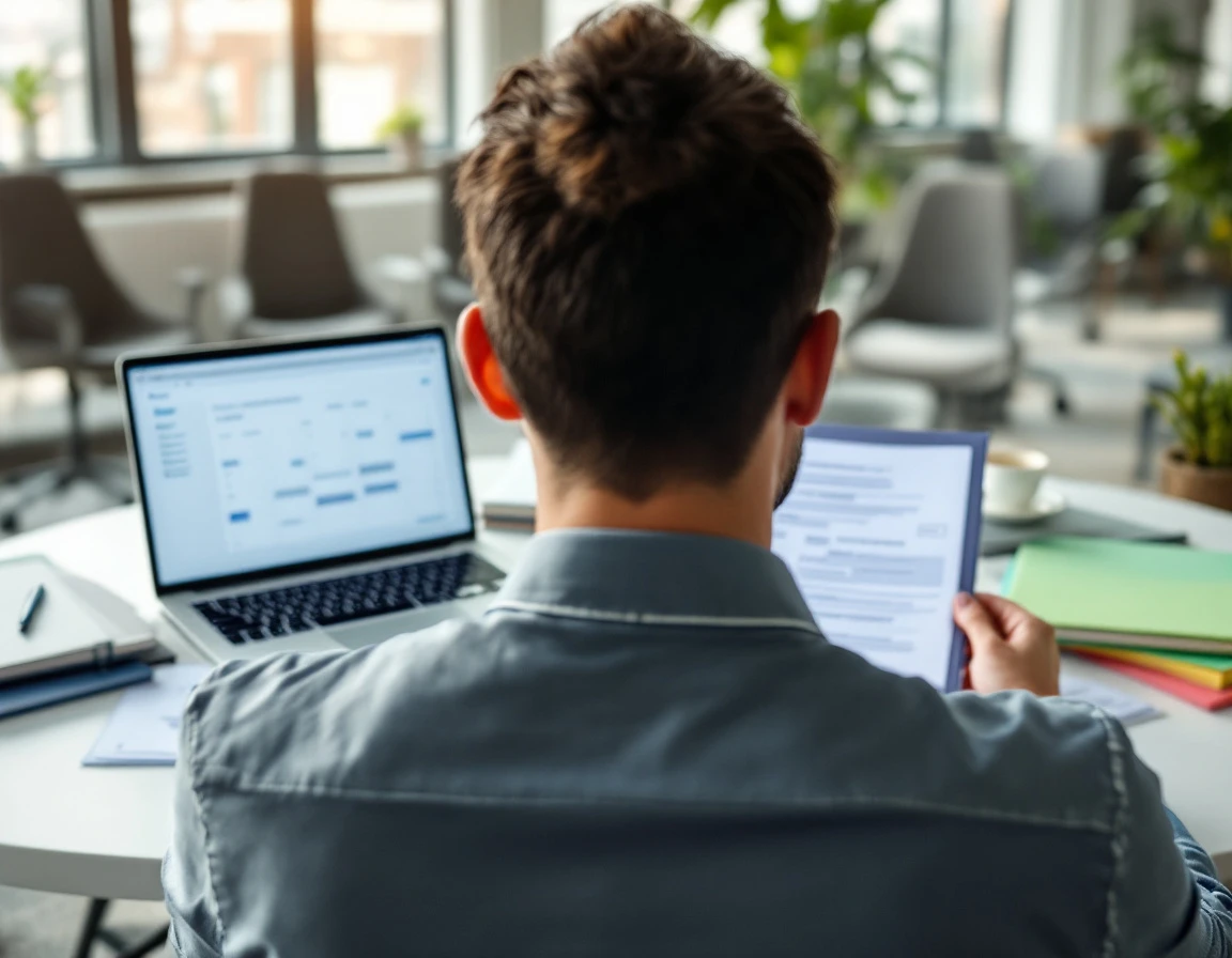 Manager reviewing organized onboarding materials and training resources at desk in modern office setting