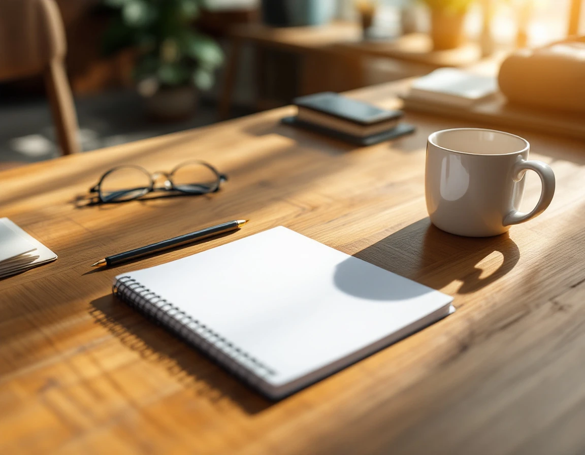 Clean notebook and coffee mug on office desk representing employee training preparation