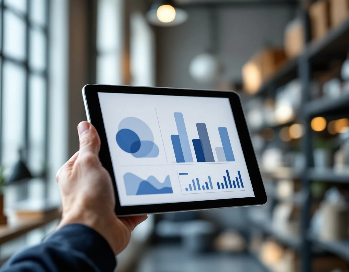 Tablet displaying abstract analytics dashboard in retail training environment with natural lighting
