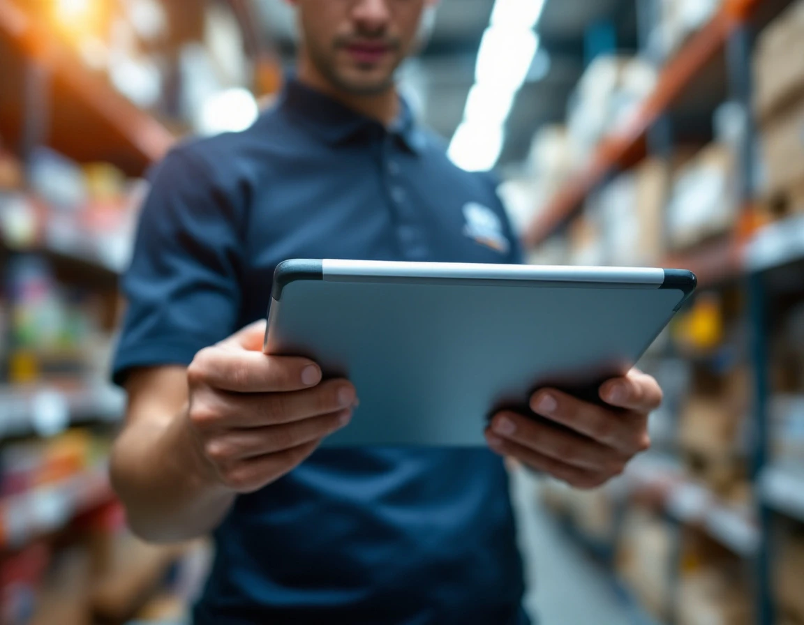 Retail worker holding tablet device in stockroom during training session