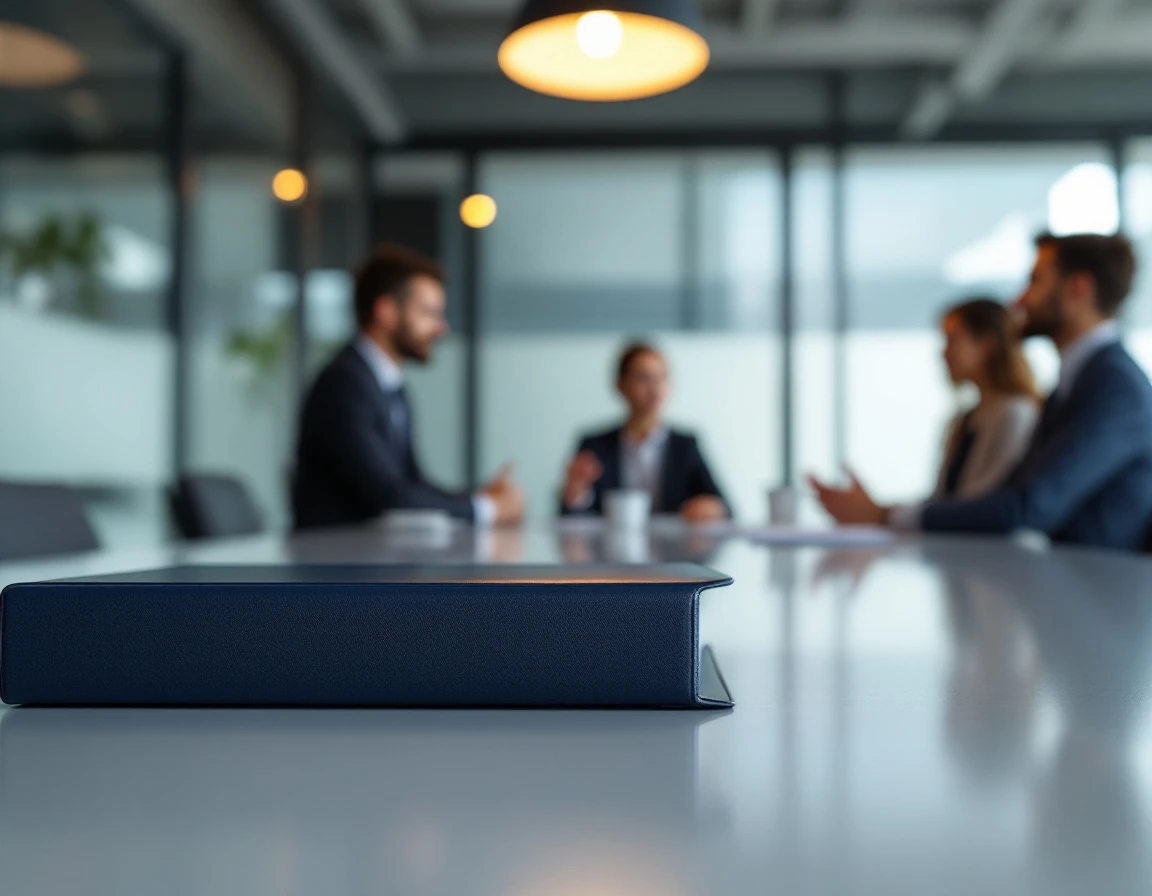 Compliance binder on conference table during professional business meeting in corporate office setting