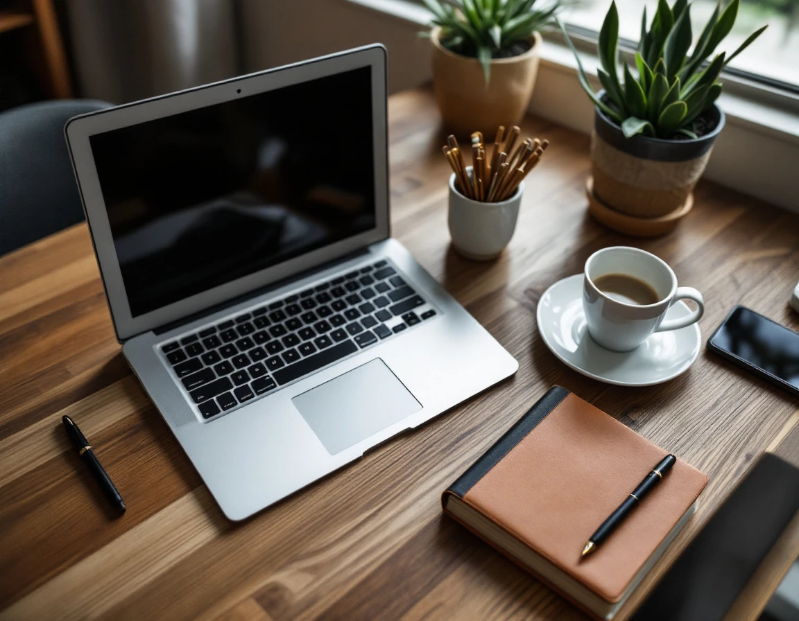 Organized wooden desk workspace with laptop, coffee, and closed notebook in natural light