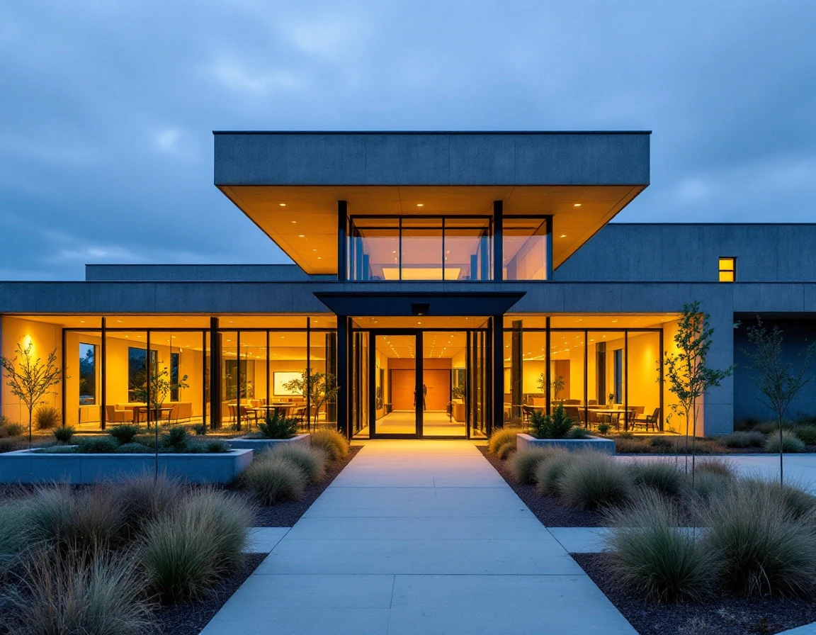 Modern corporate training facility entrance with glass walls and empty collaborative spaces visible inside