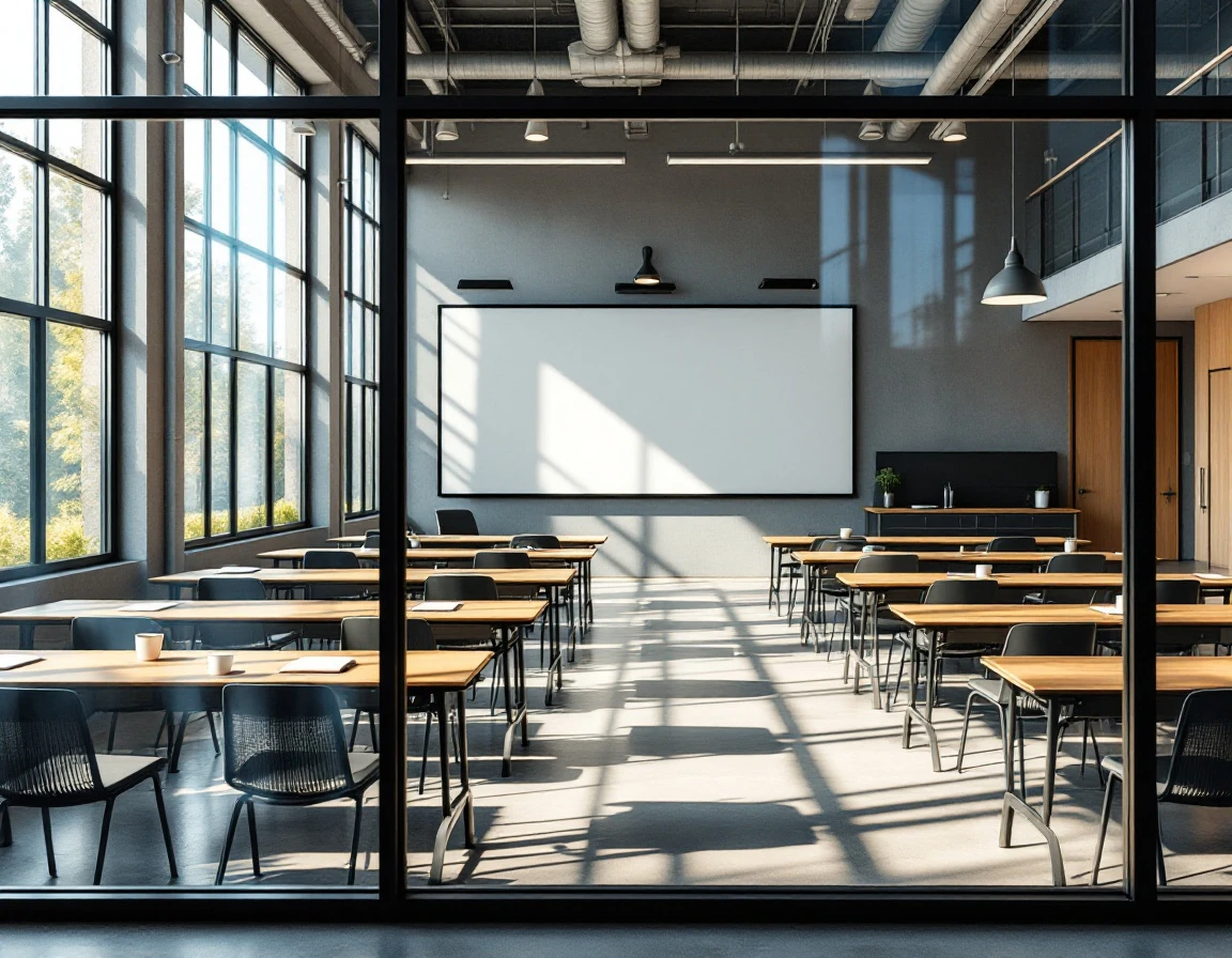 Empty modern training classroom viewed through exterior windows with desks and contemporary furnishings
