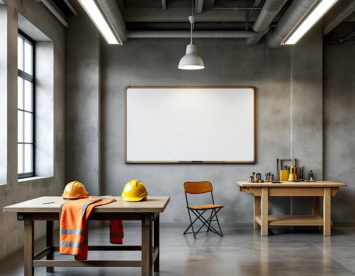 Industrial training workshop with three distinct learning stations and blank whiteboard