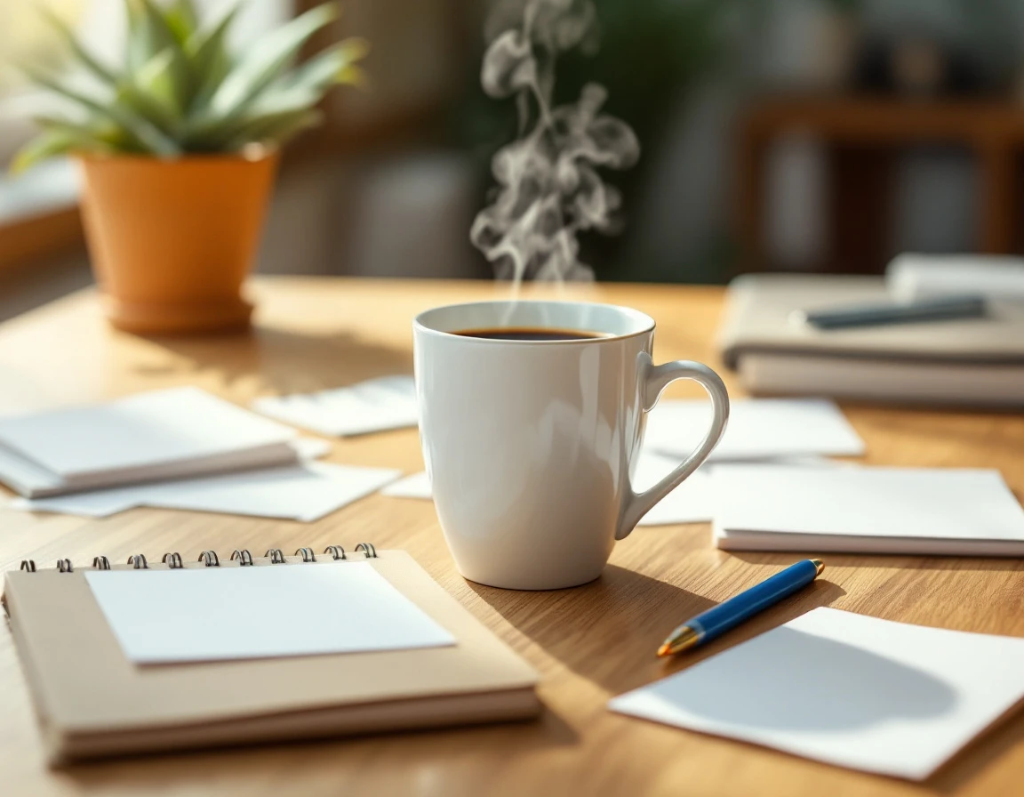 Professional desk workspace with coffee mug, blank notebooks, and natural lighting for focused training work