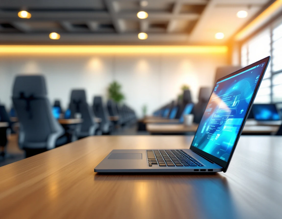 Modern corporate training environment with laptops displaying active learning interfaces